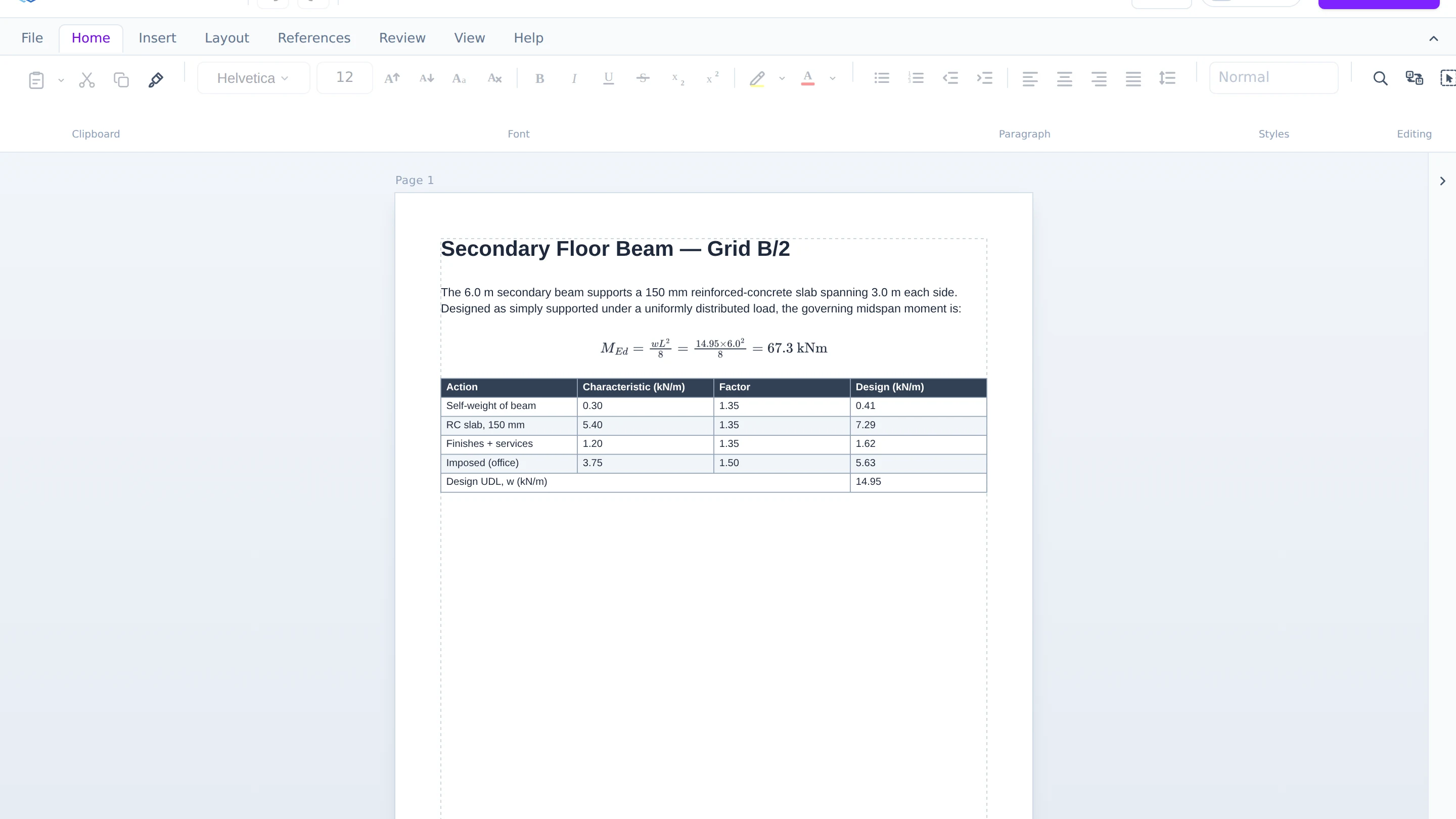 A StructureCalcs report with a live equation and a load-combination table, on the page exactly as it exports