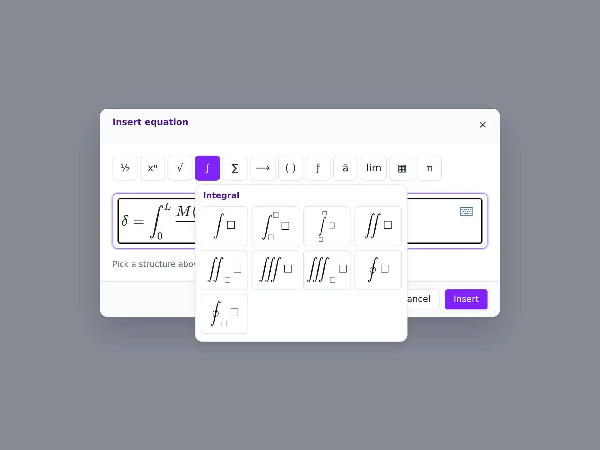 The equation editor’s structures gallery open on the Integral category, with a definite integral being built in the field behind it