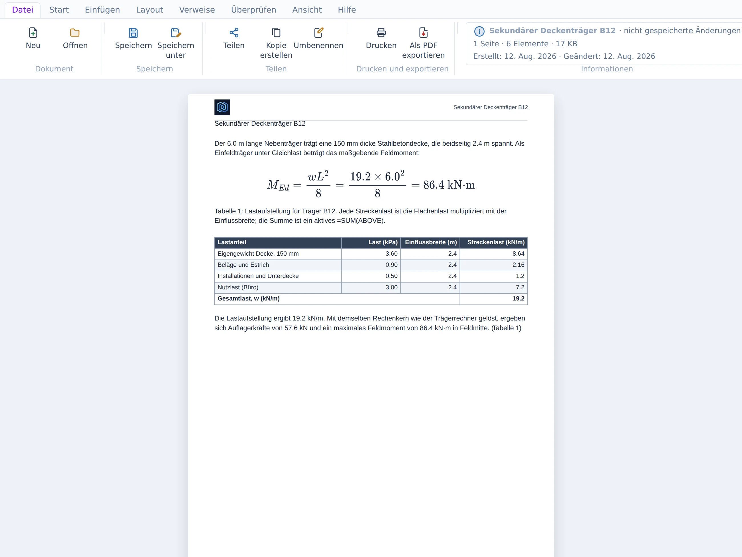 Die Registerkarte Datei — Neu, Öffnen, Speichern, Speichern unter, Teilen und Exportieren, mit Dokumentinformationen, die den Bericht als .screport-Datei ausweisen