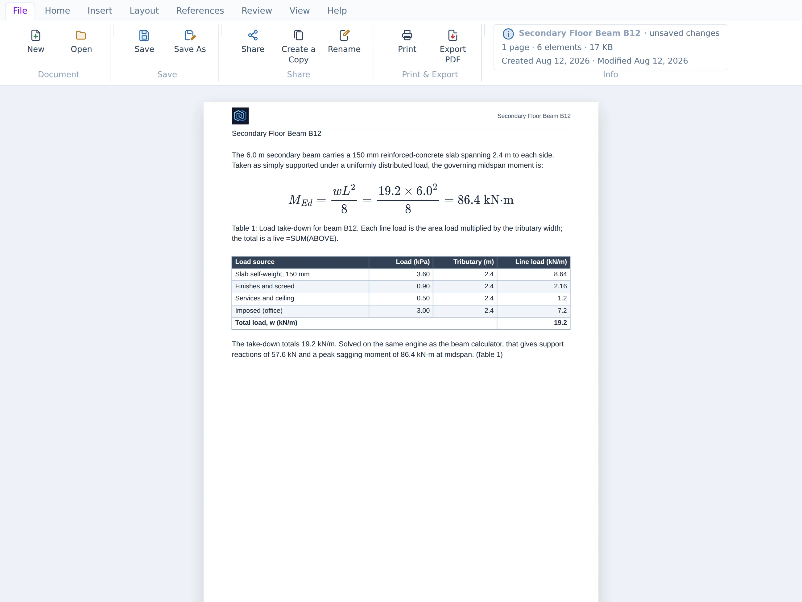 The File tab — New, Open, Save, Save As, Share and Export, with document info showing the report saved as a .screport file