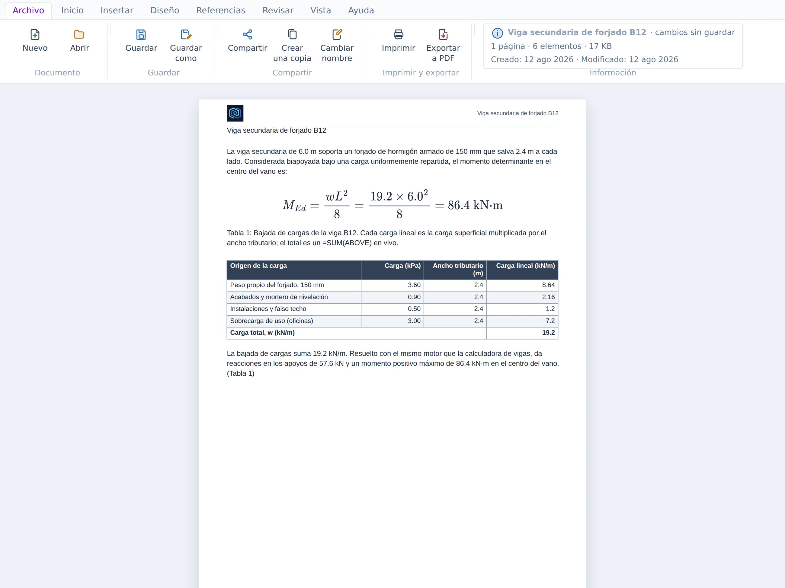 La pestaña Archivo: Nuevo, Abrir, Guardar, Guardar como, Compartir y Exportar, con la información del documento mostrando el informe guardado como archivo .screport